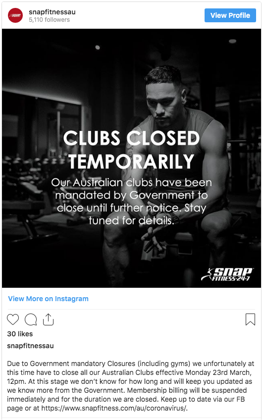 Snap Fitness - Coronavirus Virus Announcement - Gym Closure